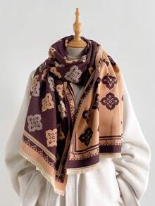 1pc Double-Sided Vintage Frame Geometric Faux Cashmere Shawl Scarf With Tassels, Old Money Style, Autumn/Winter Commute Neck Warmer, Daily Outing Matching - Brown - View 1