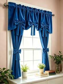 1PC New Red Bow Velvet Designer Decorative Small Window Curtain, Kitchen Multi-Purpose Translucent Curtain With Rod Pocket Design, Fresh Style Finished Rod-Through Short Curtain - Royal Blue - View 3
