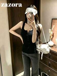 韓式簡約性感U領鈕扣針織背心女款休閒四季款 - 黑色 - 查看 7