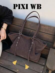 Solid Color Adjustable Shoulder Strap Shoulder Tote Bag Zipper Closure Minimalist Style Large Capacity Body Storage Water Bottle Books Umbrella Suitable For Daily Work School Commute Short Trips Shopping - Coffee - View 8