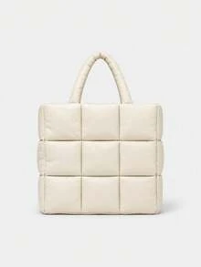 Women Handbag,Quilted Puffer Tote Bag,Grid Check Pattern,Faux Leather,Large Capacity,Minimalist Fashion For Autumn Winter Daily Work Shopping - Multicolor - View 12