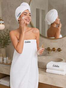 1Set Custom Embroidered Name Hair Turban & Bath Wrap Set, Personalized Monogram Spa Body Wrap With Button Fastener, 5 Color Selections, Holiday Keepsake Gift, Bathroom Daily Use & Self Care At Home - Multicolor - View 8