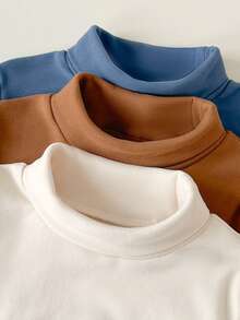 Kids Autumn/Winter High Neck Flocked Base Layer Top, Boys Solid Color Long Sleeve T-Shirt, Skin-Friendly Brushed Pullover With Pocket And Patch Label, Warm Inner Layer Top - Multicolor - View 3