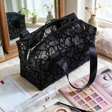 1pc Black Minimalist Fashion Makeup Storage Bag, Flocked Heart-Shaped Breathable Mesh Material Cosmetic Bag, Convenient Dual Handle Toiletry Bag, Beach Bag, Suitable For Travel And Outdoor Use - Black - View 3