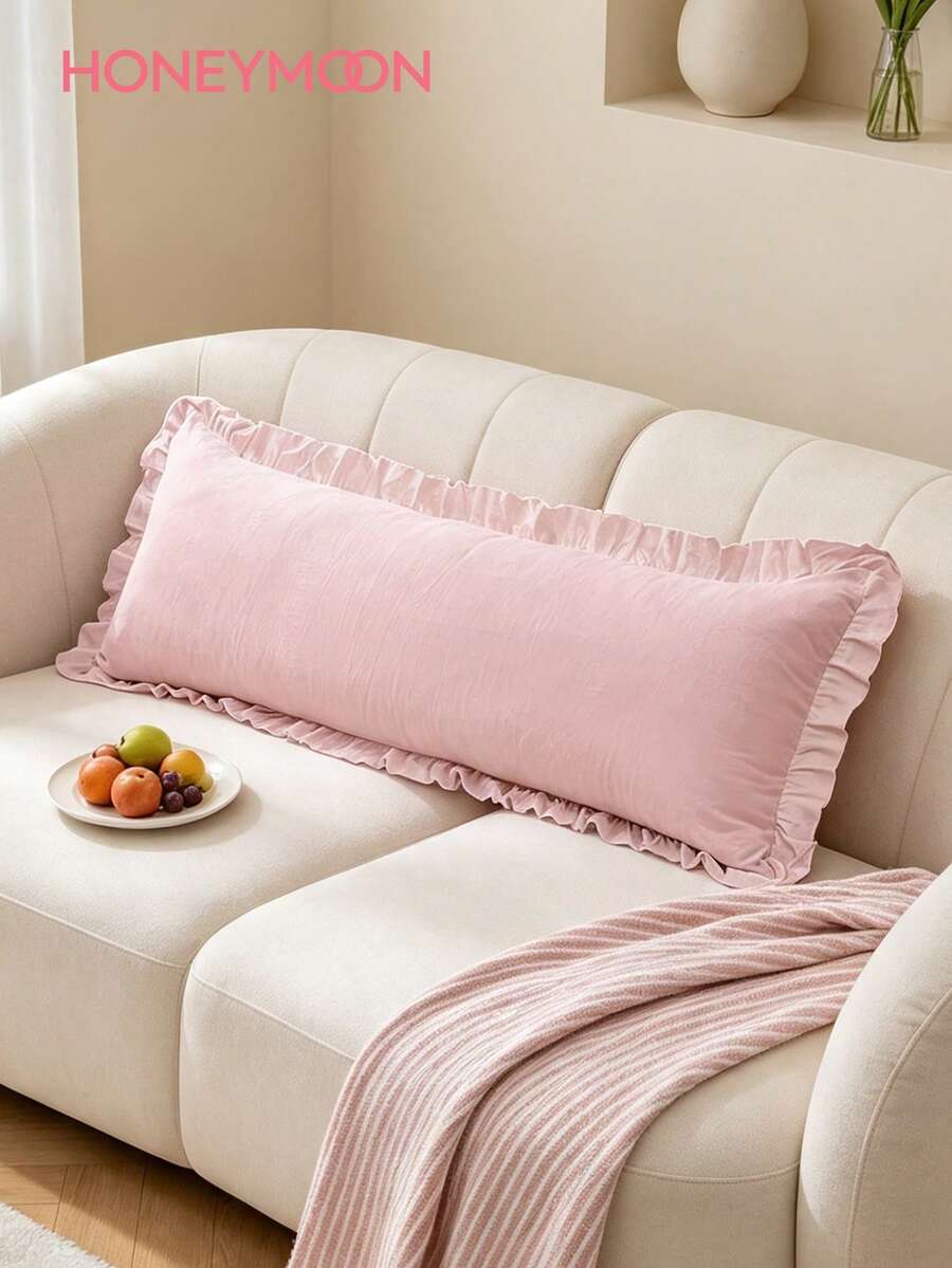 HONEYMOON 1件純色荷葉邊長枕套,100%聚酯纖維預洗布料,浪漫法式風格枕套,柔軟透氣、抗皺、無填充物,適用於居家、宿舍、沙發,粉紅色 - 粉色 - 查看 1