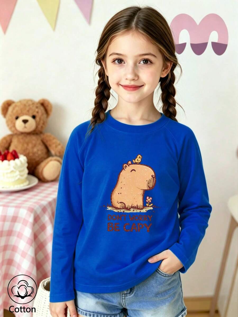 Girls Cotton Raglan Long Sleeve T-Shirt For Fall Winter, Cartoon Capybara Print Orange Tee, Cute Sweet Preppy Style For Girls - Colorful Orchid - View 1