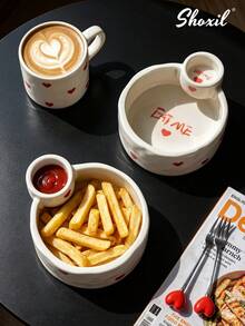 shoxil 1pc Heart Print Ceramic French Fries Bowl With Built-In Sauce Compartment, Dual-Section Heating Appetizer Plate, Creative Snack Tableware, Suitable For Home Daily Use, Family Gatherings And Movie Night - Bowl - View 3