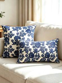 1pc Embroidered Floral Pattern Decorative Pillow Cover, Multi-Size & Multi-Applicable, Without Pillow Insert - Navy Blue - View 2