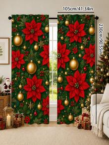 2pcs Christmas Holiday Theme Decorative Curtains, Christmas Poinsettia, Gold Christmas Ball Pattern, Suitable For Home Decor, Window Decoration, Christmas Holiday Home Atmosphere Decoration - Multicolor - View 13