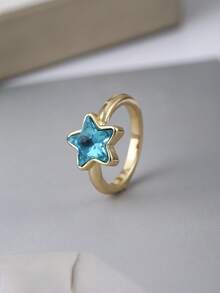 1pc Sky Blue Synthetic Zirconia Engagement Ring, Star-Shaped Promise Ring, Elegant Anniversary Jewelry Gift For Her ﻿ - Ring - View 6