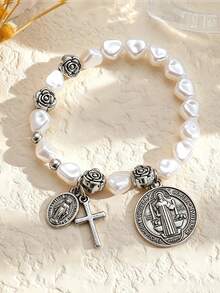 1pc Beaded Flower Cross Virgin Mary Charm Bracelet, Fashionable Vintage Style, Suitable For Daily Wear, Jewelry Gift - Cross Bracelet 1 - View 6