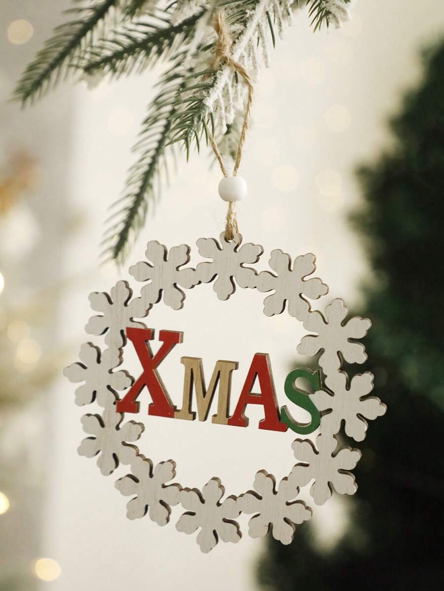 1pc Christmas White Snowflake XMAS Letter Hanging Ornament Rustic Round Wreath Pendant Holiday Tree Decor Festive Letter Detail For Christmas Tree Window Wall Door Handle Fireplace Mantel Party Home Decoration