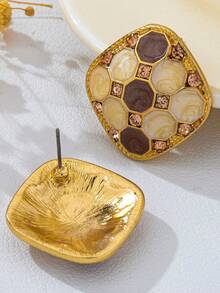 Pendientes de botón cuadrados de esmalte vintage, pendientes de lujo con textura de panal de abeja de bloques de color con incrustaciones de strass, versátiles para uso diario y fiestas - Dorado - Ver 5