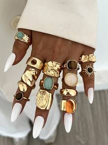 13pcs/7pcs/6pcs Vintage Elegant Casual Women's Colorful Gemstone & Brown Tiger Eye Asymmetrical Geometric Sun Multi-Element Gold Ring Set, Suitable For Autumn/Winter Daily Wear, Party, Vacation, Holiday Gift - Gold - View 2
