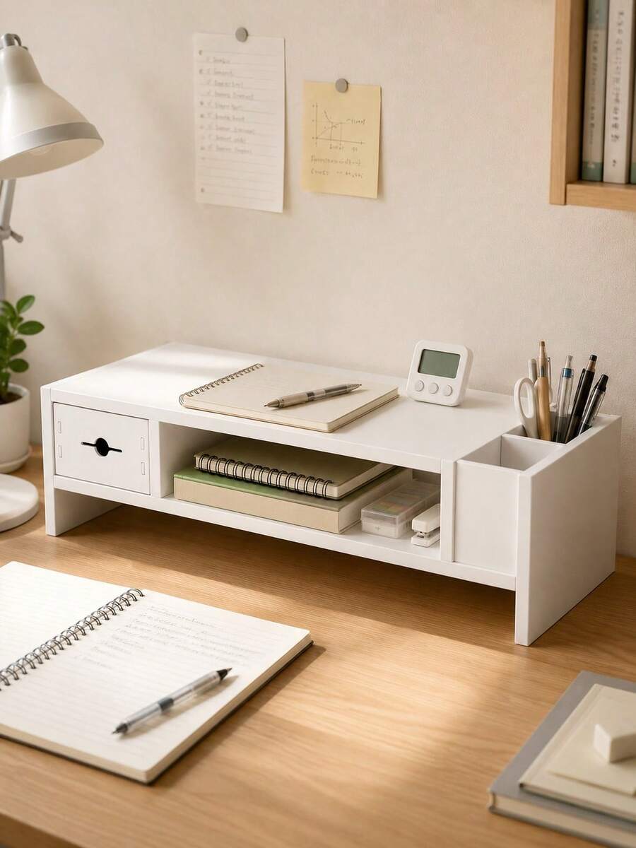 1pc Wooden Computer Monitor Stand With Drawer, Natural Wood Desktop Organizer With Side Pen Holder And Keyboard Storage, Multifunctional Laptop Book Stationery Storage Rack, Suitable For Home Office, Study, Dorm - Multicolor - View 1