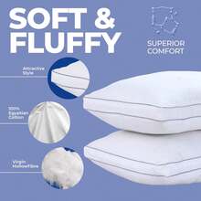 H&R 2pcs Ultra Soft Box Stitching Bed Pillows - High Bounce Gusseted Sleeping Pillow Set With Grey Contrast Piping, Breathable Side Sleeper Pillow For Bedroom - White - View 3