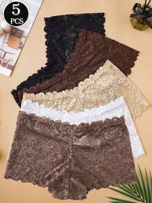 5pcs Solid Color Floral Lace Hipster Panties, Sexy Romantic Women's Lingerie - Multicolor - View 2
