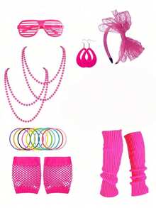6/9pcs 80s Style Women's Costume Accessories Set, Including Tutu, Neon Party Leg Warmers, Neon Necklace, Earrings, Headband, Fishnet Gloves, Upgraded Tutu, Suitable For Adult Sizes - Multicolor - View 3