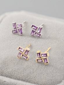 1 par de pendientes de botón de plata de ley S925 con circonita geométrica púrpura, diseño elegante de nicho hipoalergénico para mujeres - geometría - Ver 4