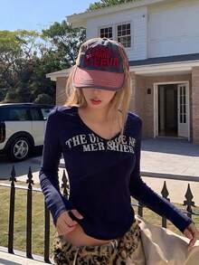 Women's American Vintage Letter Print Long Sleeve T-Shirt, Slim Fit, Flattering, Lazy Style Top - Navy Blue - View 1