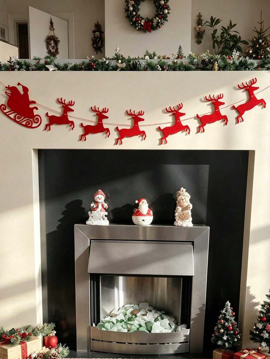 Christmas Santa Reindeer Banner, Felt Garland Bunting, Festive Hanging Decoration For Xmas Party Mantel