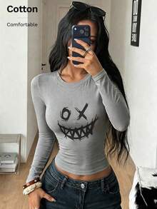 Autumn Black  Print Y2K Women's Fitted Long Sleeve Crew Neck Cotton Tee - Grey - View 5