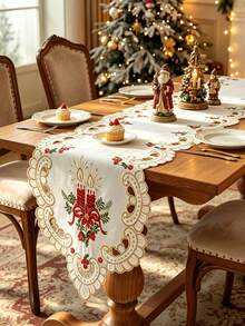 1pc Christmas Candle And Poinsettia Embroidered Table Runner, Hollow Carved Design, Vintage Christmas Table Decor, Suitable For Dinner Party, Family Gathering, Home Holiday Decoration - Beige - View 1
