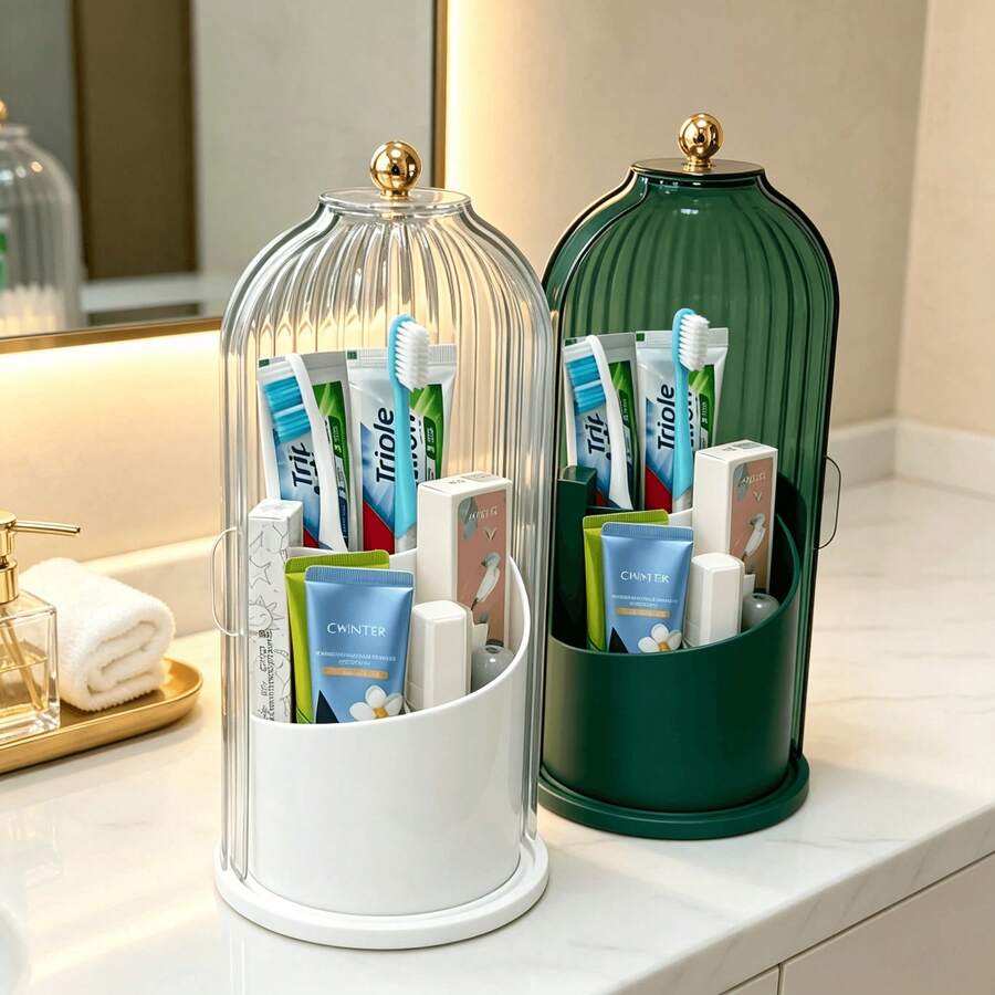 Large Capacity Cosmetic Organizer With 180° Sliding Dustproof Lid, 360° Rotating Makeup Brush Holder With 3 Storage Sections, Clear Covered Vanity Caddy For Toothbrush, Toothpaste And Lipstick, Dorm Essentials, Available In White, Gray, Green,Black