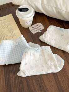 5pcs/Set Japanese Style Cute Blue Plaid & Floral Cotton Thin Women's Triangle Panties - Multicolor - View 5