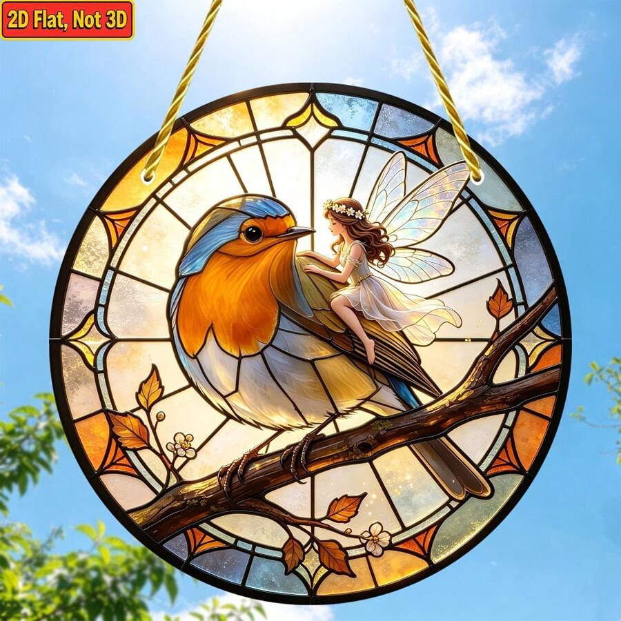 2D Flat, 1pc, Robin & Fairy Colorful Acrylic Hanging Ornament, Bird Sun Catcher, 8 Inch, Window Hanging, Vibrant Animal Theme Decor, Perfect For Home And Garden, Friend Gift, Elegant Decoration, Christmas Gift - C - View 1