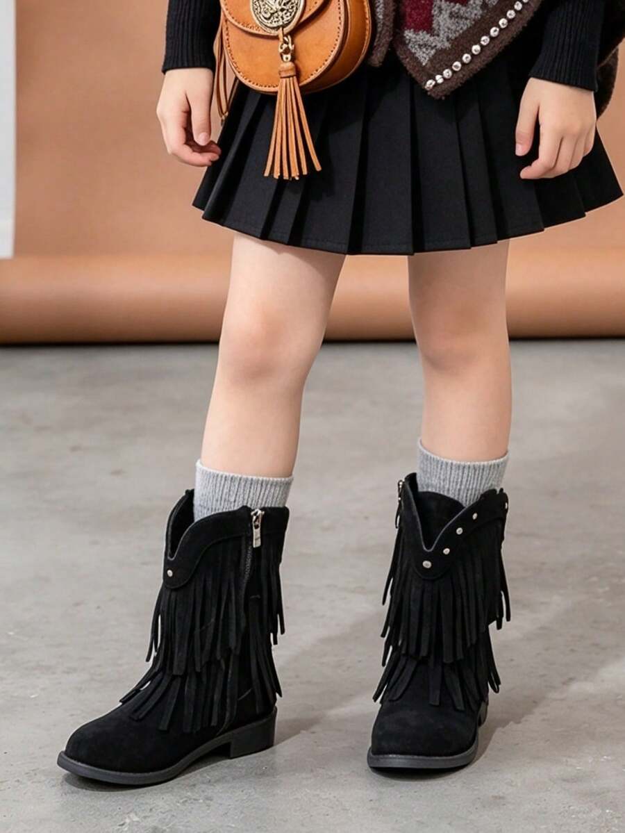 1 Pair Kids Vintage Western Style Cowboy Boots, Double Layer Fringe & Rivet Decor Mid-Calf Boots, Suitable For Holiday Outings, Party Looks, Autumn/Winter - Black - View 1