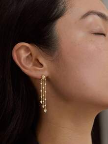女士長鏈吊墜耳環，金色長流蘇垂墜耳環，低過敏 CZ 鍊條，14K 金鍍層，優雅舞會配件 - 款式12 - 查看 2