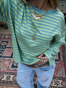 Autumn Retro Colorblock Striped Round Neck Long Sleeve Top, Loose Lazy Drop Shoulder Base Layer T-Shirt For Women - Teal - View 2