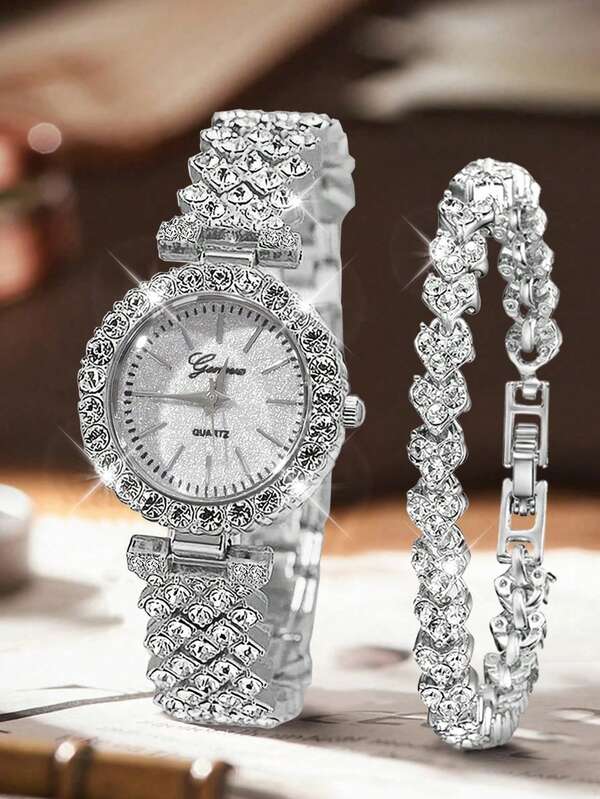 Ensemble de montre et bracelet à strass pour femmes, montre-bracelet de luxe scintillante en cristal, ensemble 2 pièces