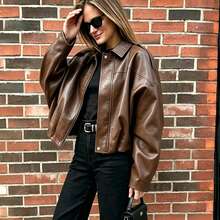Women's Short Brown PU Leather Jacket, Loose Batwing Long Sleeve Lapel Coat With Elastic Hem - Brown - View 1