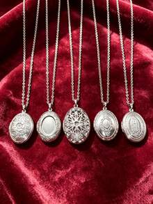 1pc Casual Stainless Steel Oval-Shaped Gratitude Photo Pendant Necklace, Unisex, Suitable For Daily Wear, Holiday Wear, Thanksgiving Wear, Niche Luxury, Minimalist Versatile, High-End Design - Silver - View 3