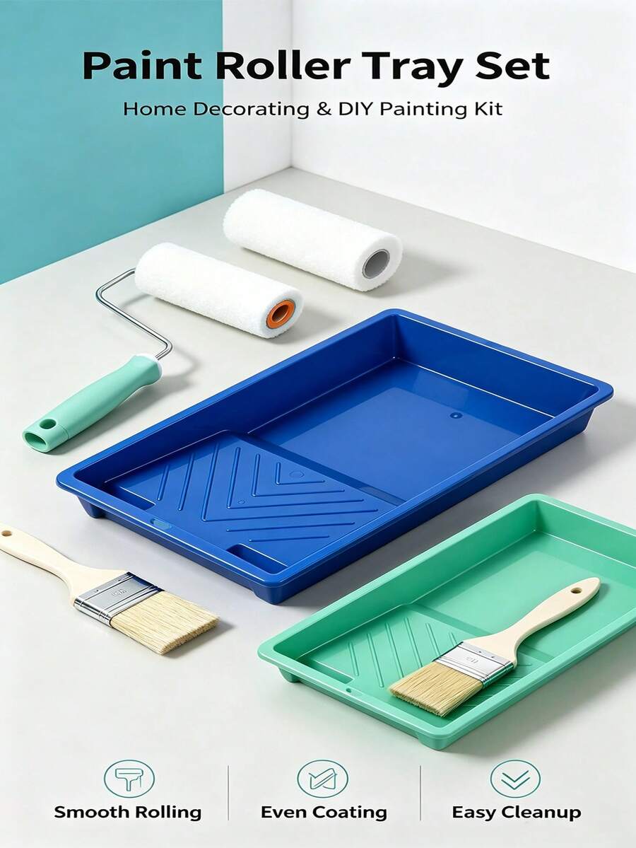DIY Home Wall Painting Tool Set, Includes Foam Roller Brush, Paint Brush And Paint Tray, Suitable For Wall Decoration, Home Renovation, Art Painting, Home Manual Painting Supplies - A - View 1