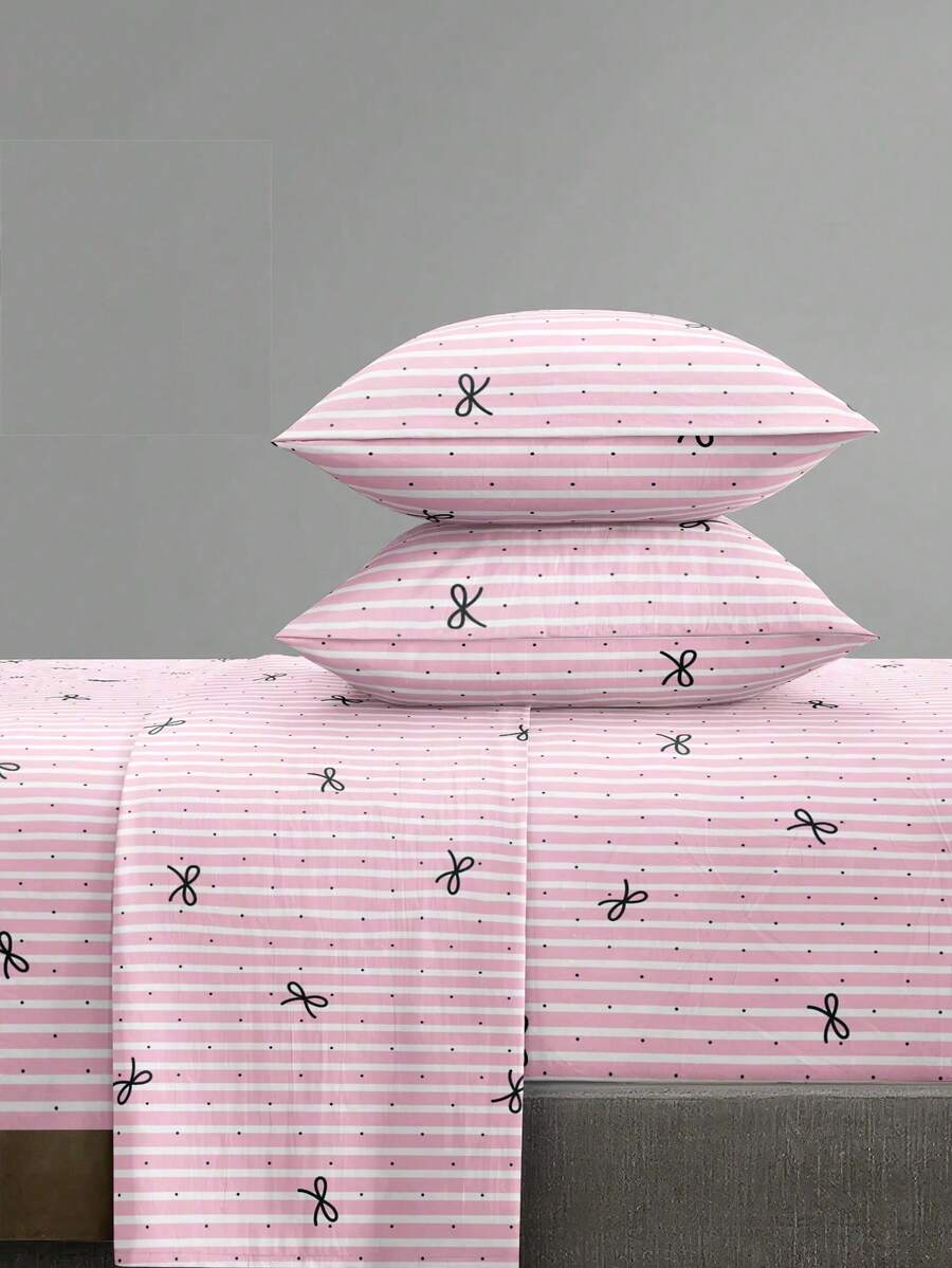 4-Piece Cute Pink Striped Bow Pattern Bedding Set, Includes 1 Fitted Sheet, 1 Flat Sheet, 2 Pillowcases (Pillow Inserts Not Included). Fitted Sheet Set, Suitable For King, Queen, Full, Twin Sizes, Fits Up To 11.8 Inch Deep Mattress. Soft, Breathable, Wrinkle-Resistant, - Baby Pink - View 1