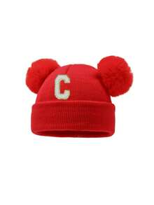 1pc A-Z Letter Double Pom Pom Knitted Hat, Newborn Autumn/Winter Warm & Cold-Proof Hat, Suitable For 0-3 Years Old Baby Daily Wear - Red - View 7