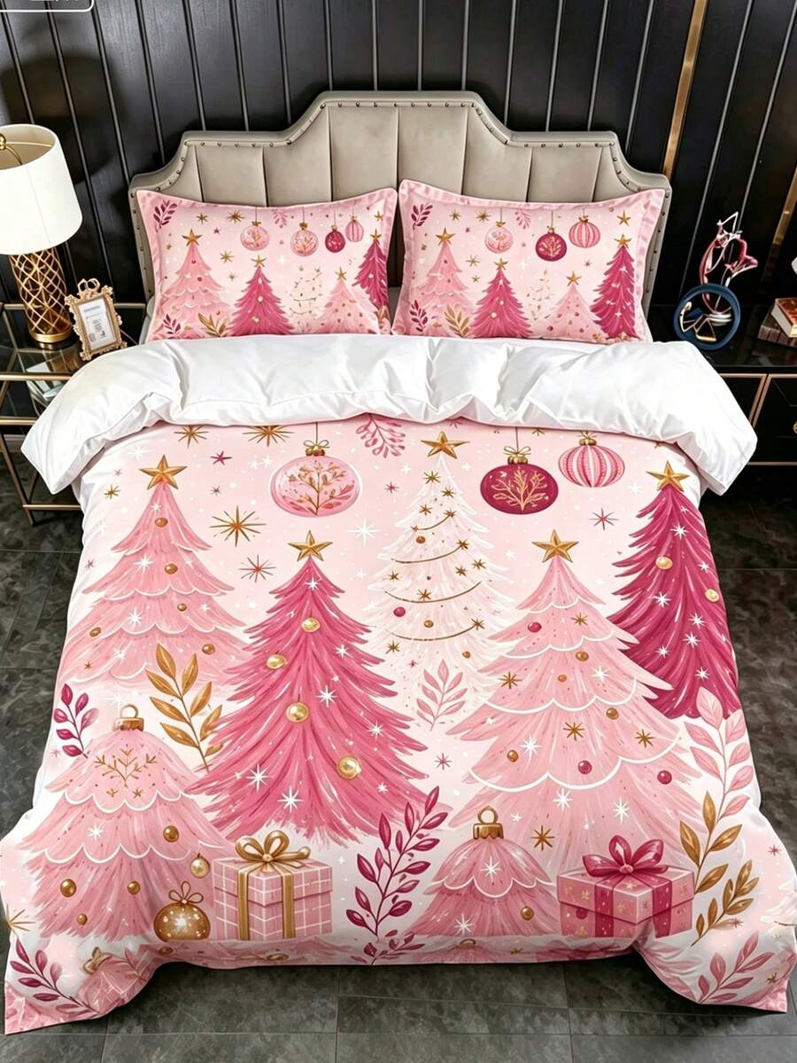 3-teiliges süßes Bettbezug-Set mit Weihnachtsmann-Muster, Kissenbezug-Muster zufällig, Bettbezug-Set (1 Bettbezug + 2 Kissenbezüge, Kissenfüllungen nicht enthalten), weiches, warmes, bequemes Schlafzimmer-Bettwäsche-Set, Schlafzimmer-Dekoration, Heimdekoration - Verschiedenfarbig - Übersicht 1