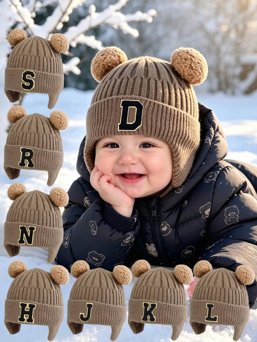 1pc Infant Ribbed Knitted Earflap Beanie With A-Z Letter , Cute Double Pom Pom Bear Ear Decor Winter Warm Toddler Hat Suitable For 1-3 Years Old - Khaki - View 1