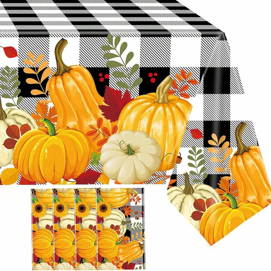 4 Paket/1 Buah Taplak Meja Kotak-kotak Musim Gugur Taplak Meja Plastik Motif Taplak Meja Kotak-kotak Hitam Putih Motif Buffalo dengan Taplak Meja Musim Gugur Sekali Pakai untuk Ruang Makan Dapur Pesta Thanksgiving Musim Gugur 54 X 108 Inci - MultiWarna - View 1