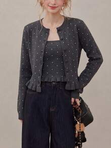 Women's New Vintage Grey Polka Dot Round Neck Button Cardigan, Ruffle Hem Long Sleeve Knit Sweater, Winter Fashion Choice - Grey - View 4