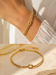 1pc Casual Style Stainless Steel Chain Bracelet With Twisted Chain Design For Women, Suitable For Daily Wear - Yellow Gold - View 4