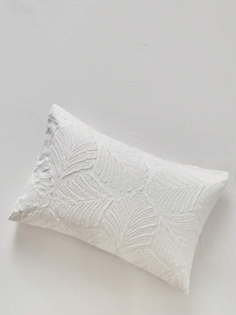1pc Pastoral Style White Tufted Pillowcase With Leaf Pattern Textured Polyester Decorative Cushion Cover, Suitable For All Seasons, Ins Style Decor, Machine Washable, No Filling Included - White - View 1