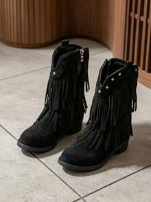 1 Pair Kids Vintage Western Style Cowboy Boots, Double Layer Fringe & Rivet Decor Mid-Calf Boots, Suitable For Holiday Outings, Party Looks, Autumn/Winter - Black - View 7