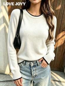 LOVE JOYY Women's Spring/Autumn Beige & Black Contrast Trim Crew Neck Knit Sweater, Slim Fit Long Sleeve All-Match Versatile Layering Pullover Top - White - View 6