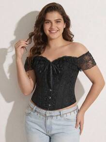 Rosiemei 1pc Plus Size Women's Vintage Palace Style Lace-Up Off Shoulder Backless Corset Top, Cinched Waist, Suitable For Wedding, Formal Occasion - Black - View 2