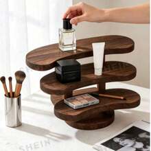 1pc Vintage Solid Wood Desktop Storage Rack, Used For Perfume And Cosmetics Storage, Multi-Layer Vintage Solid Wood Cosmetics Storage Rack, Perfume, Skincare And Jewelry Display Rack - Coffee Brown - View 3