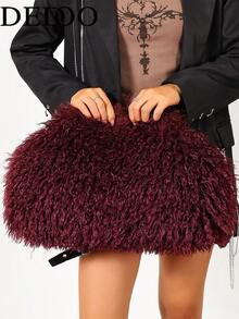 Dedoo Women's Cloud Clutch Bag, Solid Color Long Curly Faux Fur, Magnetic Closure, Portable, Avant-Garde Y2K Style, Suitable For Party And Date, Autumn/Winter Women's Style - Burgundy - View 4